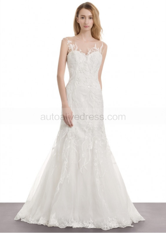 Ivory Sequined Lace Tulle Illusion Back Wedding Dress